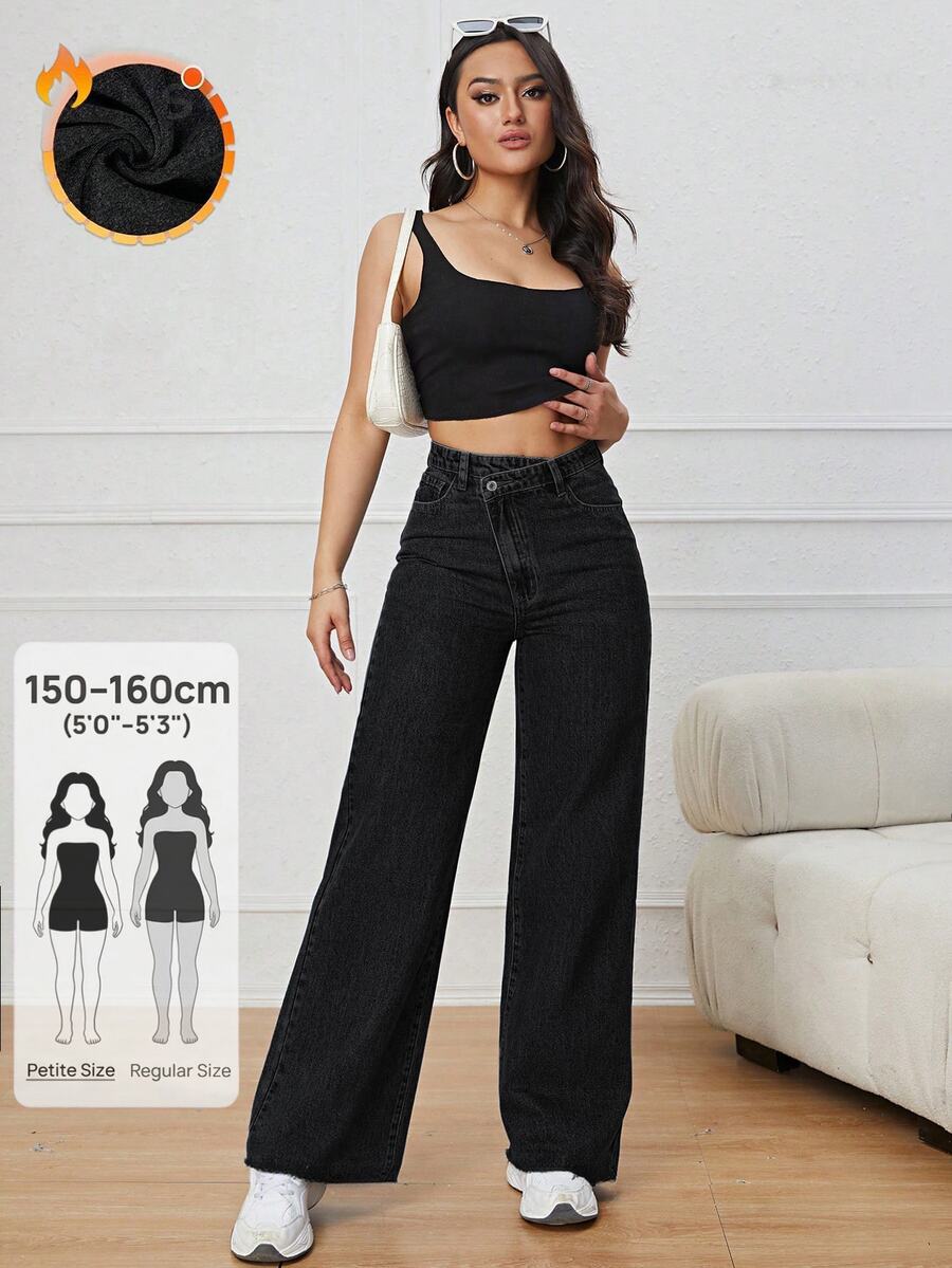 SHEIN PETITE 女款不對稱腰部口袋寬腿休閒牛仔褲 - 黑色 - 查看 1