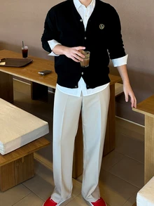 DAZY Spring/Autumn Cardigan With Embroidered Letter Graphic On Chest, Ribbed Hem And Cuffs - Black - View 5