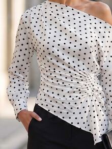 Editum Women's White And Black Polka Dot Print Asymmetrical Shoulder Ruched Waist Blouse Office Dinner Summer French Elegant - Multicolor - View 3