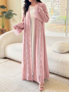Al Najma 浪漫優雅純色大裙擺網紗蕾絲裝飾女款長袍 - 粉色 - 查看 3