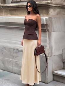 Firerie Elegant Commute Solid Color Satin Long Skirt - Apricot - View 5