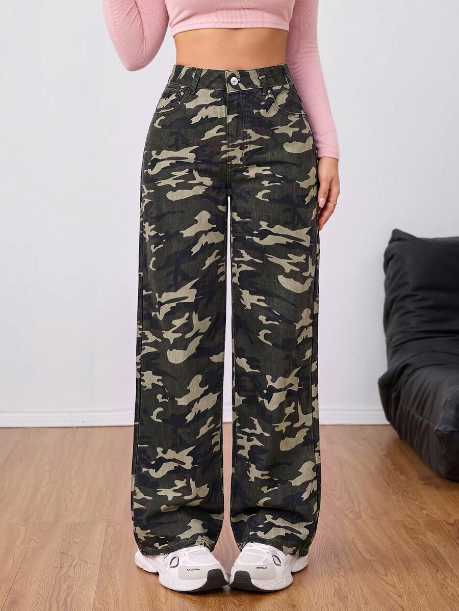 Jeanoix 迷彩印花高腰直筒牛仔褲 - 軍綠色 - 查看 1