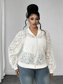 Maweii Plus Size Women's Casual Commute Elegant Hollow Lace Long Sleeve Jacket, Autumn Fall - Apricot - View 4
