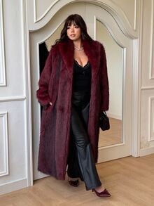 GalTyme Plus Size Women's Solid Color Long Sleeve Loose Faux Fur Coat - Burgundy - View 5