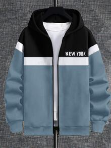 SHEIN 兒童青少年男孩休閒字母圖案連帽衛衣外套，舒適藍白配色，適合冬季、秋季、上學、開學季、街頭風 - 霧霾藍 - 查看 9