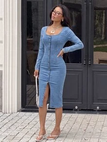 SHEIN 女款彈性修身長袖水洗牛仔洋裝 - 藍色 - 查看 3