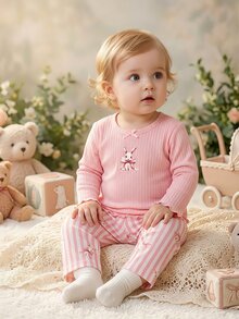 Baby Girl Pink Ribbed Top & Ribbed Bunny Print Pants Set, Loungewear - Pink - View 6