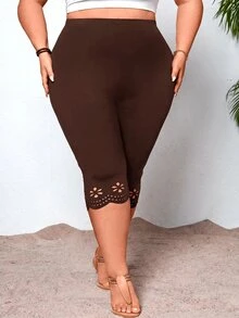 SHEIN CURVE+ Plus Size Women's Black Hollow Out Tight-Fitting Leggings - Brown - View 4