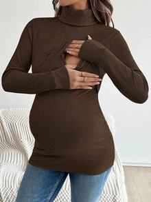 SHEIN 孕婦純色哺乳功能休閒日常穿著上衣 - 棕色 - 查看 10