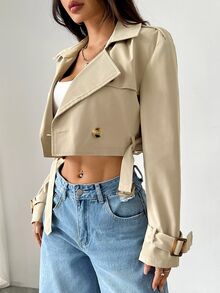 SHEIN EZwear 女款缺口領鈕扣前襟長袖短款風衣，適合秋冬日常休閒穿著 - 杏色 - 查看 3