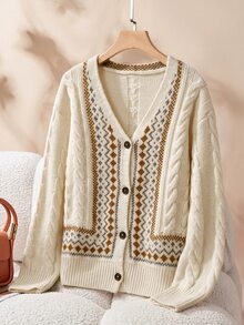 Rusticease Women's Autumn/Winter Casual Geometric Pattern Cardigan - Multicolor - View 1