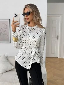 Elyressa Blus Kasual Wanita Motif Titik-titik untuk Musim Gugur - Putih - View 1