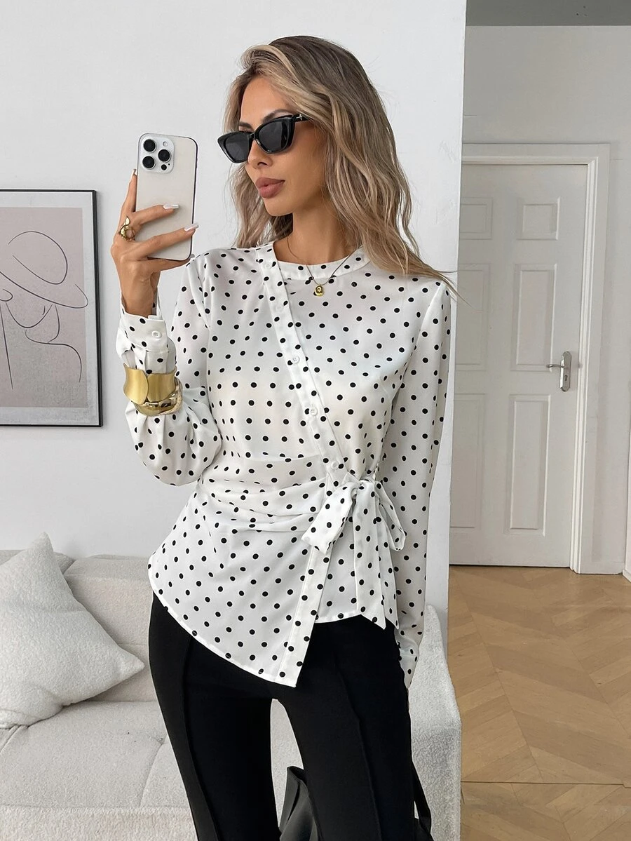 Elyressa Blus Kasual Wanita Motif Titik-titik untuk Musim Gugur - Putih - View 1