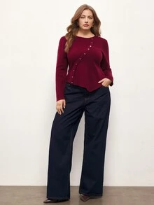 Maija Plus Size Women's Solid Color Crew Neck Long Sleeve Casual Sweater - Burgundy - View 3
