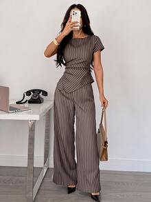 SHEIN PETITE Women's Striped Shirt & Pants Suit Set - Brown - View 1