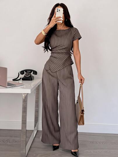 SHEIN PETITE Women's Striped Shirt & Pants Suit Set