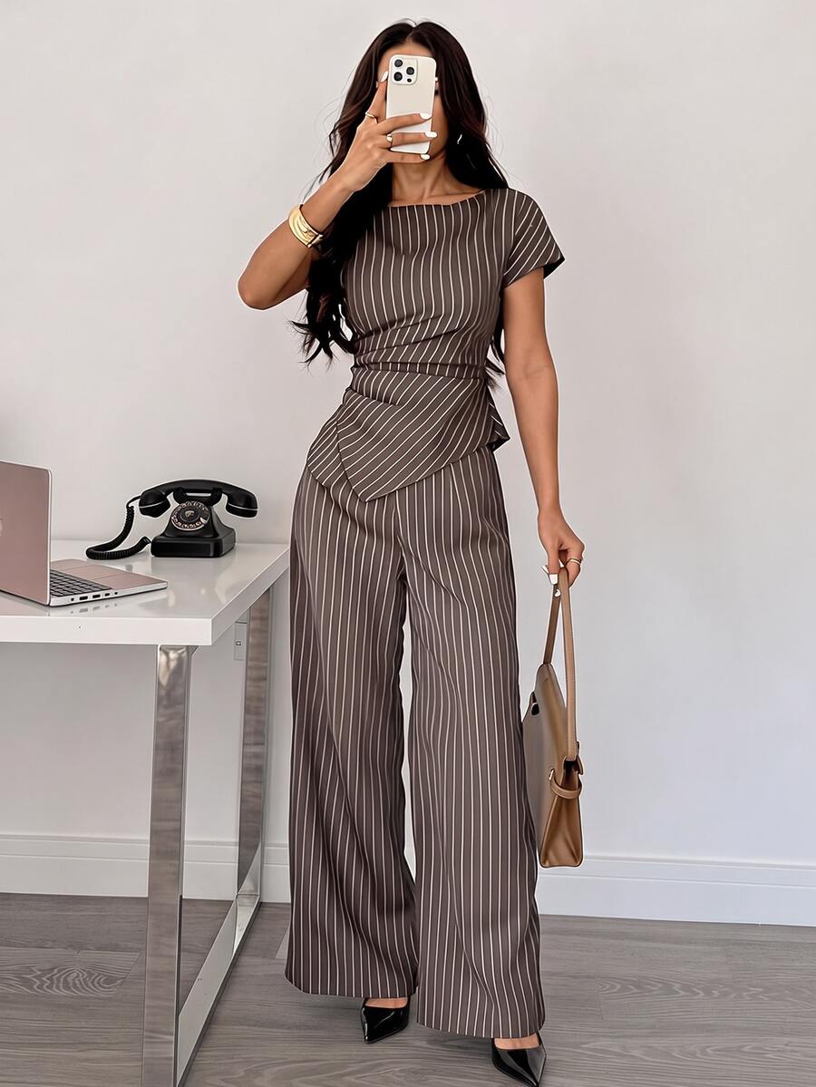 SHEIN PETITE Women's Striped Shirt & Pants Suit Set - Brown - View 1