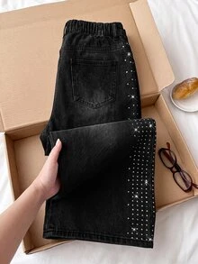 Comfortcana Plus Size Women's Street Hip Hop Rhinestone Button Denim Jeans - Black - View 2