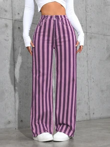 SHEIN ICON 女款條紋高腰口袋寬腿寬鬆牛仔褲 - 彩色 - 查看 1