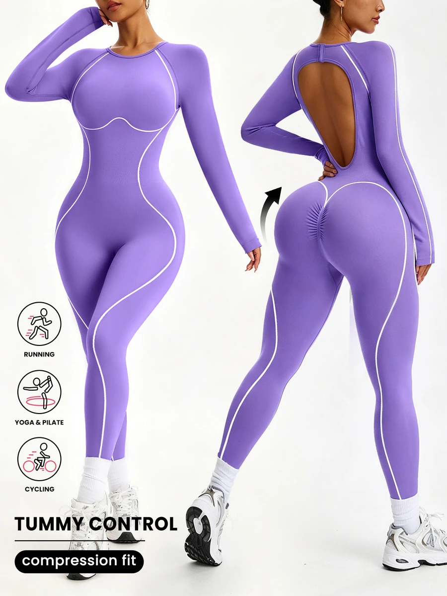 Easithlete Easithlete Women's White & Purple Colorblock Seamless Long Sleeve Yoga Jumpsuit - Purple - View 1