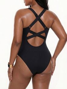 SHEIN Sports Solid Color Backless Sleeveless Sports Jumpsuit - Black - View 2