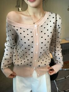 DAZY Women's Asymmetrical Shoulder Polka Dot Korean Style Long Sleeve Autumn/Winter Cardigan - Pink - View 10