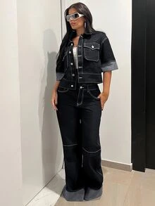 Jeanoix 女款多功能口袋單排扣休閒牛仔夾克 - 黑色 - 查看 5