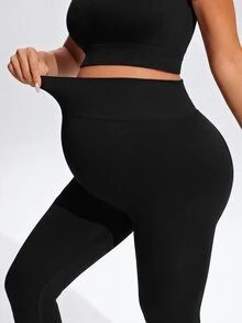 SHEIN 孕婦純色短袖上衣與緊身褲休閒日常運動套裝 - 黑色 - 查看 9