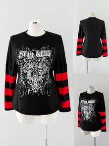 Sunspun Plus Size Dark Style Cross Print Striped Long Sleeve T-Shirt - Multicolor - View 2
