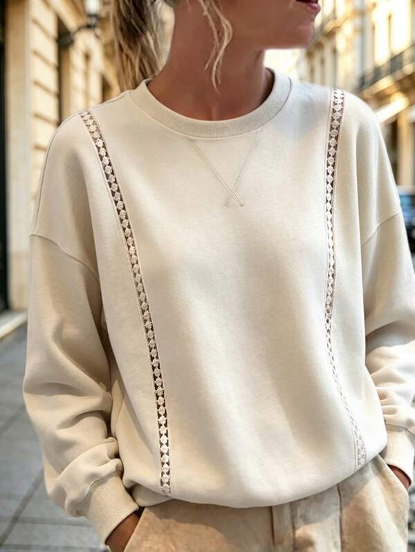 Weeklong Plus Size Women's Autumn/Winter Crew Neck Lace Trim Patchwork Casual Daily Commute Sweatshirt Fall