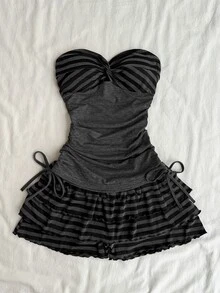 Attitoon Women's Patchwork Striped Knot Design Bandeau Top And Tiered Skorts Set - Grey - View 6