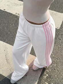 SHEIN 青少年女孩休閒時尚白色針織寬腿休閒長褲 - 白色 - 查看 5