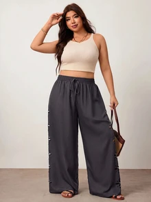 Enliva 大尺碼女款純色鏤空長褲，休閒度假風，黑色適合冬季，灰色適合春季 - 灰色 - 查看 5