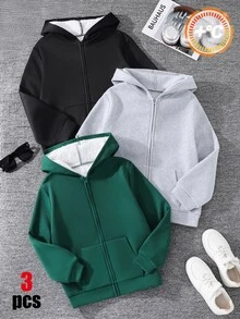 SHEIN 買2送1兒童青少年男孩休閒運動保暖內裡加厚黑色運動衫，基礎上衣，軍綠色灰色運動衫，適合秋冬季，學校、家庭聚會、度假、派對，秋季穿搭，冬季穿搭 - 彩色 - 查看 4