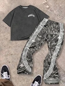 Teen Boy Letter Statue Of Liberty Graphic T-Shirt, Street Style Crew Neck Short Sleeve Flared Pants 2-Piece Set, For Party Halloween Christmas School - Multicolor - View 1