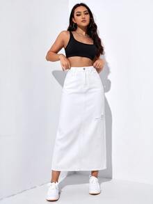 SHEIN EZwear 女款休閒長款牛仔裙，附口袋與破洞設計 - 白色 - 查看 3