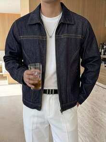 DAZY Spring/Autumn Long Sleeve Deconstructed Patchwork Navy Blue Raw Denim Men's Denim Jacket - Navy Blue - View 1
