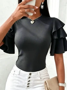 EMERY ROSE Camiseta de Talla Grande Versátil Estilo Francés con Puño de Volantes y Cuello Redondo - Gris Oscuro - Ver 5