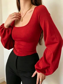 INAWLY Women's Plus Size Square Neck Lantern Sleeve Long Sleeve Sexy Fitted Top T-Shirt - Red - View 4