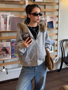 DAZY Women's Korean Style Hooded Sweatshirt With Large Fur Collar, Long Sleeve Fall - Grey - View 4