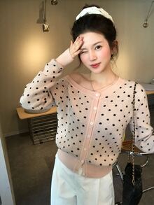 DAZY Women's Asymmetrical Shoulder Polka Dot Korean Style Long Sleeve Autumn/Winter Cardigan - Pink - View 4