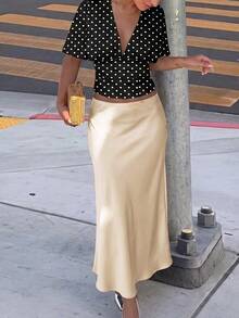 Firerie Elegant Commute Solid Color Satin Long Skirt - Apricot - View 2