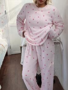 CottageSlumber Pink Double-Sided Plush Romantic Heart Print Casual Loose Women's Pajama Set - Pink - View 2