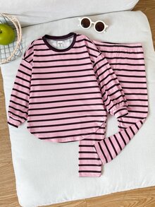 SHEIN 女童 2 件套休閒套裝，簡約舒適可愛，復古條紋布料長袖長褲，秋冬休閒運動學院風 - 藕粉色 - 查看 4