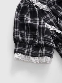 ROMWE Autumn/Winter Kawaii Sweet Plaid Bow Decor Cotton Fabric Lace Patchwork Peter Pan Collar Waist-Cinching A-Line Short Dress For Women - Black - View 4
