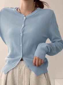 DAZY Women's Solid Color Sweet Button Tie Long Sleeve Knit Cardigan Fall - Blue - View 7