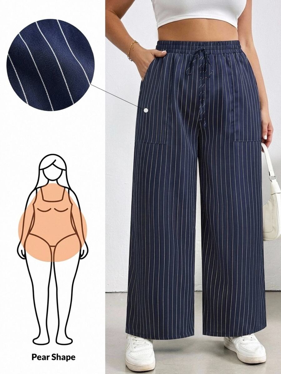 SHEIN Essnce Casual Striped Fabric Plus Size Blue Loose Pants Suitable For Autumn, Blue Long Pants, Office, Date - Blue - View 1