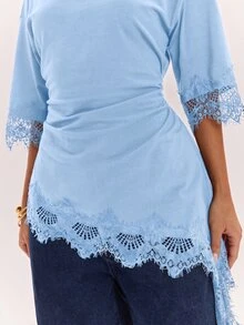 SHEIN BAE Women's French Lace Patchwork Asymmetrical Hem Ribbon Top - Baby Blue - View 6