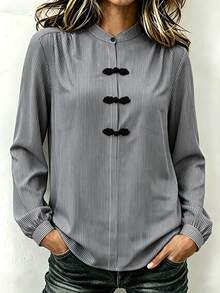 Linhara CURVE Elegant Fashion Stand Collar Striped Vintage Frog Button Shirt Fall - Dark Grey - View 1