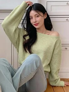 DAZY 女款寬鬆版型不對稱肩長袖T恤 - 綠色 - 查看 6
